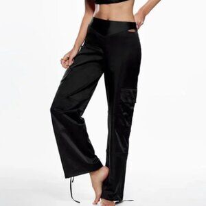 Zara Black Sateen Cargo Pants Cut Out Waist Utility Pockets Pants Tie Ankle
